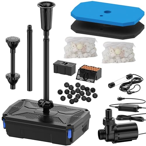 Biling Kit complet de filtre de bassin avec pompe et clarificateur UV, silencieuse, 4600 l/h, pompe de bassin tout-en-un avec filtre et 3 buses de fontaine pour bassins de jardin jusqu'à 8000 litres