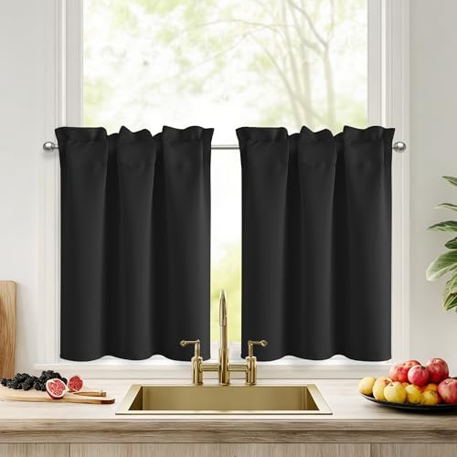 DWCN Verdunklungsvorhänge Scheibengardinen Blickdicht Kurz Küchengardinen | Schwarz H60xB60cm 2er Set，Thermovorhang gegen Kälte mit Stangendurchzug, Bistrogardine Moderne für Schrank Wohnwagen Keller