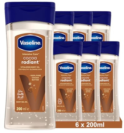 Vaseline Intensive Care Cocoa Radiant für strahlende Haut, Körpergelöl mit reiner Kakaobutter + regenerierenden Ölen, (6 x 200ml)