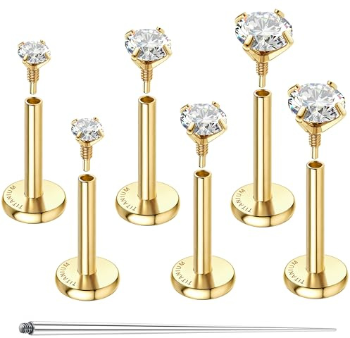 Sllaiss Piercing Tragus Piercing Helix Titanio G23 3 Paia Orecchini Cartilagine Orecchio Conch Piercings Lobo Trago Naso Internamente Filettato Donna Uomo Punto Luce Zircone Oro 6/7/8mm