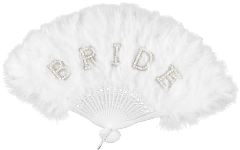 wellrun White Feather Bride Folding Hand Fan with BRIDE Lettering, Elegant Bridal Fan for Wedding Party,Hen Night,Bachelorette Celebration,Photo Props