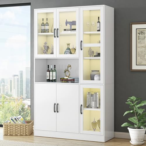 gonew21 Glasvitrine mit LED-Beleuchtung 120x40x200 cm Weiß Acryl – Vitrinenschrank mit 9 Fächern und Holztüren, Standvitrine & Wohnzimmerschrank & Sideboard – Beleuchtete Vitrine für Sammlerstücke