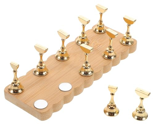 TEHAUX Présentoir à Manucure en Bois Naturel à Motif Floral, Double Base Stable 10 Supports Dorés pour Capsules, Support Portable pour Nail Art, pour Débutants en Salon de Manucure