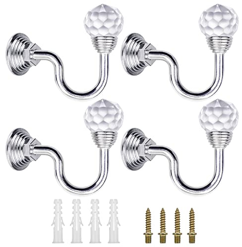 Hysagtek 4 Pcs Crystal Curtain Tie Backs Hooks Wall Mounted Curtain Holdbacks Tassel Curtain Hook Holder Coat Hanger (Silver)