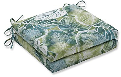 Pillow Perfect Tropic Floral Indoor/Outdoor Square Corner Chair Seat Cushion with Ties, Plush Fiber Fill, Weather, and Fade Resistant, 20 x 20, Green/Ivory Key Cove, 2 Count