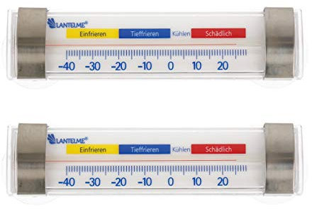 Lantelme 2 Stück Kühlschrankthermometer Edelstahl mit Haken und Saugnapf Temperatur von -40°C bis 24°C | Anbringung waagrecht | Analog Thermometer Set für Kühlschrank Gefrierschrank Kühltheke