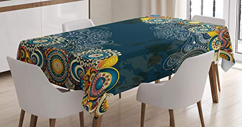ABAKUHAUS Psychedelisch Tischdecke, Mandala Paisley, Schmutzabweisend Pflegeleicht Waschbar Druck Mit Klaren Farben ohne Verblassen, 140 x 240 cm, Gelb Blau