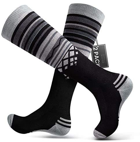 OutdoorMaster Lot de 2 paires de chaussettes de ski en laine mérinos, manchette antidérapante sur le mollet (OTC) pour homme et femme