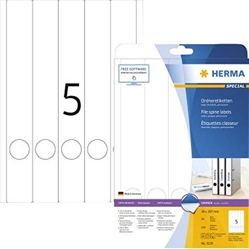 Ordnerrücken Etiketten lang / schmal, 25 Blatt, 38 x 297 mm, 5 Stück pro A4 Bogen, 125 Aufkleber, selbstklebend, bedruckbar, blickdicht, blanko Rückenschilder aus Papier, weiß