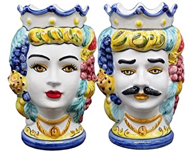 Sicilia Bedda - Coppia Teste di Moro SICILIANE in Ceramica di CALTAGIRONE - Realizzate a Mano - H Centimetri 18 - Elegante Complemento d'Arredo (Corona Blu)