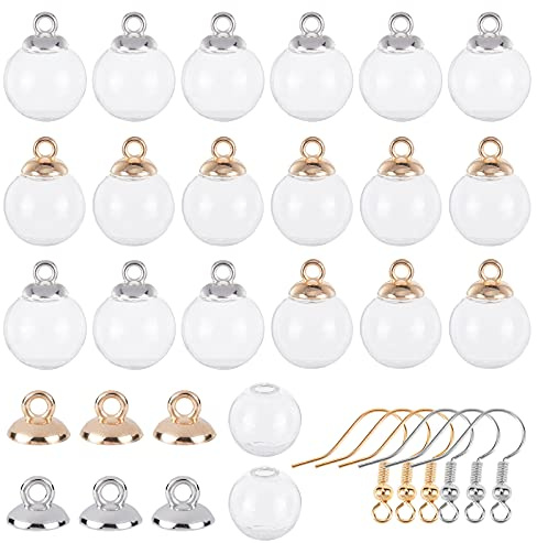 SUNNYCLUE 1 Box 40 Stück 18 mm Mini Leere Klarglaskugel Flasche Wunschglaskugel 40 Stück Kunststoff Anhängerschlaufen & Ohrringhaken Für DIY Charms Ohrstecker Schmuckherstellung Silber-& Gold