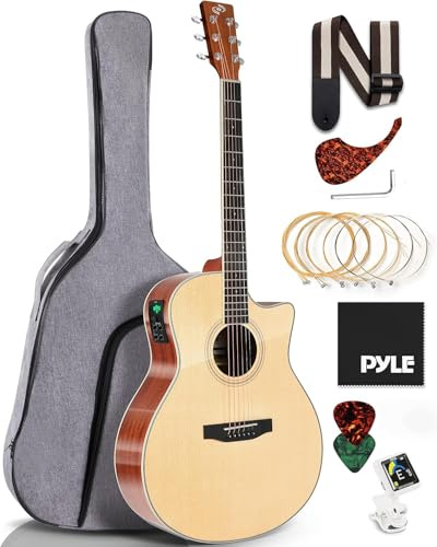 Pyle Premium Chitarra Acustica Elettrica, Top in Abete e Fasce in Mogano con Spalla Mancante Dreadnought a Grandezza Naturale, Corde in Acciaio, Custodia Morbida Aggiornata, EQ a 4 Bande, Accordatore