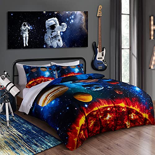 Lanqinglv Bettwäsche Set 135x200cm Kinder Jungen Jugendliche Blau 3D Weltall Sternenhimmel Universum Kinderbettwäsche Weiche Bettbezug und Kissenbezug 80x80cm mit Reißverschluss