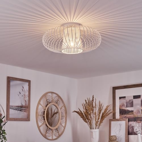 HOFSTEIN Deckenleuchte Wemude, runde Deckenlampe aus Metall in Weiß, Lampe Wohnzimmer, Moderne 1-flammige mit spannendem Lichteffekt durch Gitter-Optik, Vintage Retro-Look, E27-Fassung, Ø 40 cm