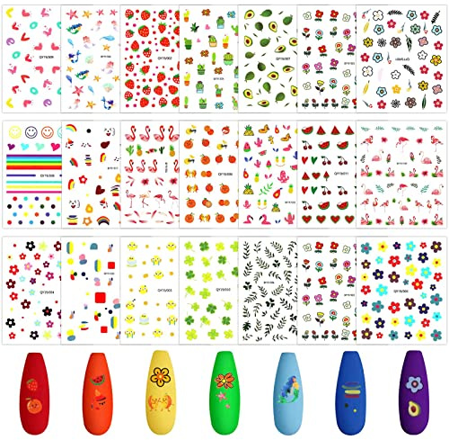 Shynek Nagelaufkleber für Kinder: Nagelkunst, 20 Blätter, Niedliche Selbstklebende Nail Art Aufkleber Blumen, Erdbeere, Früchte