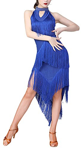 Abito da Ballo Latino Donne Strass Abito con Frange Salsa Tango Sala Costume da Ballo Vestiti Salsa Abiti Danze,Blu,XL