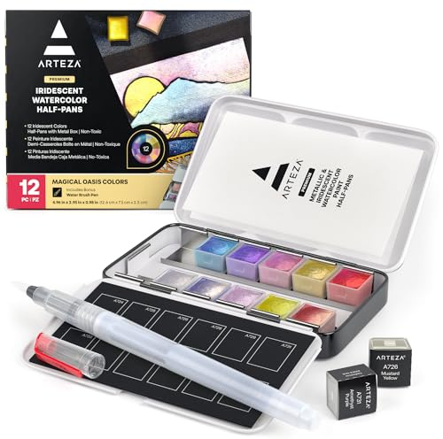 ARTEZA Metallic Watercolor Paint Set – 12 Iridescent Half Pans, Compact Travel Palette with Brush for Painting, Journaling & Mixed Media