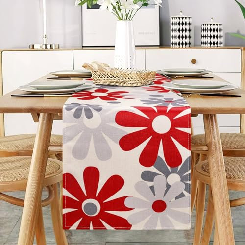 Tischläufer Blumen Modern Rot Grau Tischläufer Tischdecke Restaurant Dekoration Leinen Faltenfrei rutschfest Tischband Deko Tischwäsche Esstisch Party Hochzeit Platzsets Abwaschbar 33x183 cm