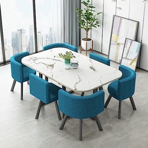 MAxba Rechteckig Konferenztisch Esstisch mit 6 Stühlen Metallrahmen Couchtisch Verhandlungstisch Empfangstisch,Stuhlplatte aus Baumwolle (Color : Blau)