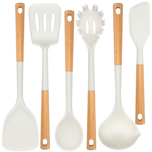 NCUE Lot de 6 ustensiles de cuisine en silicone avec poignée en bois sans BPA de qualité alimentaire (blanc)