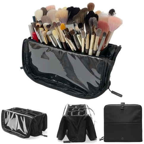 Yousimei Borsa organizer da viaggio per pennelli da trucco, supporto per pennelli da trucco con divisori regolabili, borsa per truccatori, borsa portatile pieghevole per artisti professionali, nera