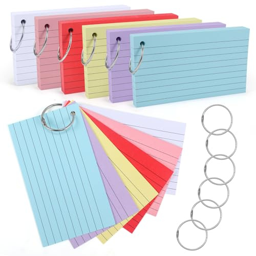 moinkerin Karteikarten 360 Stücke 5 * 2.9 Inch Mehrfarben Lernkarten Flashcards mit 6 Binderingen für Büro Haus Schule Lernen