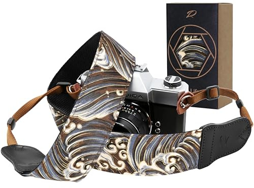 Padwa Lifestyle Kameragurt - 2“ Rindsleder Kopf Baumwolle Kameragurte für Fotografen, Vintage Japanese Art Print Verstellbarer Nacken- & Schultergurt für ALLE DSLR/SLR-Kameras - Brown Wave