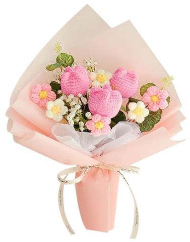 suyakota Crochet Tulips Flower Bouquet Artificial Flowers: Completed Crochet Flowers for Mother's Day Birthday Thanksgiving Home Decor (Dark Pink)