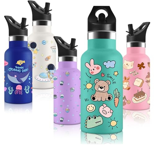 Vikaster Botella Agua Niños, con Tapade Popote y asa, Botella agua Acero Inoxidable, Sin BPA, 350ml, Botella Termica Reutilizable, para Adultos, Niños, Escuela, Ciclismo, Gym, Deportiva