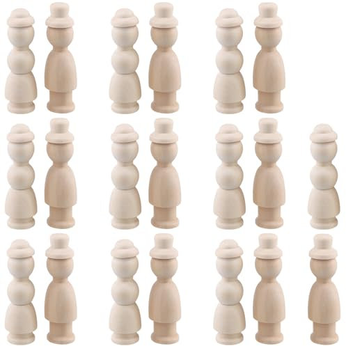 MUKLEI 20 Pack Unfinished Wooden Peg Dolls, Female and Male Wood People Shapes with Hat, Wooden DIY Doll, Small Wood People Figures for Painting, Art Craft Projects