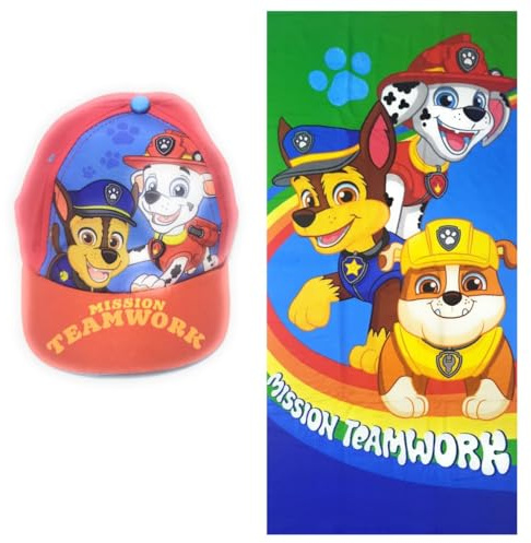 Paw Patrol Paw Patrol Handtuch für Strand oder Pool + Kindermütze | Set mit Handtuch und Mütze aus Paw Patrol | Mütze + Handtuch Chase, Marshall und Rubble (Rot, 140 x 70 cm)