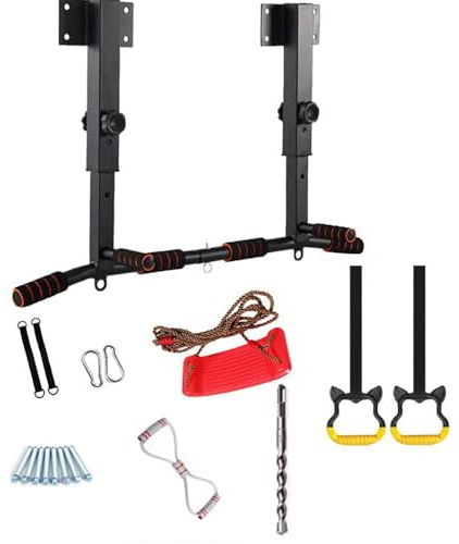 Klimmzugstange Wand-Decke-Fachwerk, 3-Stufen Höhenverstellung & Mehrwinkeldrehgriff mit Schaukelsitz/Ringen/Expander, Fitnessgerät für Familie & Kinder (TÜV-zertifiziert)
