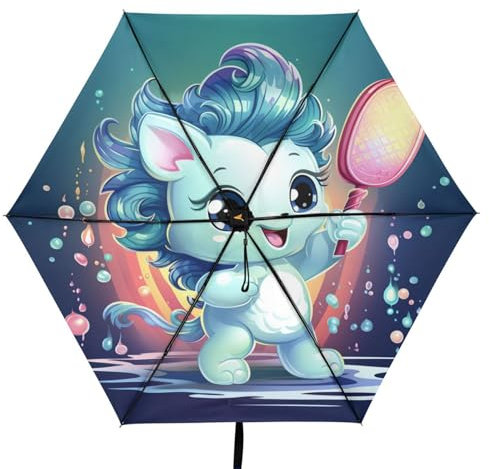 Linnyio Süßes Cartoon Paddelball Einhorn Taschenschirm, UV-Schutz, Kompakter Reiseschirm, Sonnenschutz für Jungen und Mädchen
