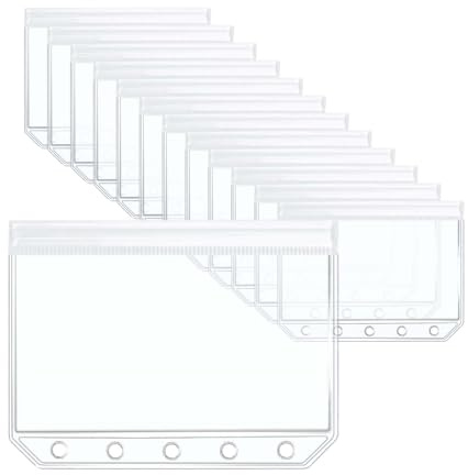 MEI YI TIAN 12pcs A8 Clear Binder Pockets PVC Cash Envelopes 6 Hole Zipper M5 Binder Inserts Photo Sleeves for 5 Ring Binder Cards Bills