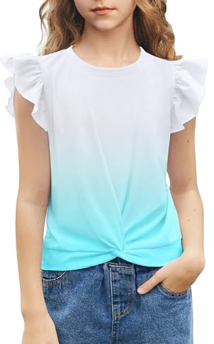 Arshiner Flicka 5–12 jaher skjorta kortärmad twist front t-shirt för flickor söta flygande ärmar sommar blus för flickor tunika t-shirt toppar, Slips färga (blå vit), 5-6 år