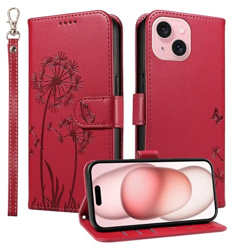 Trugox Handyhülle für Apple iPhone 15 Klapphüll Löwenzahn Hülle Klappbare mit Kartenfach Handytasche Schutzhülle Handy Tasche Leder Wallet Flip Case Cover - Rot