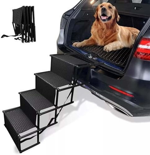 4 Steps Folding Portable Dog Ramp for cars with Non-Slip & Waterproof,Steps Car Boot Access Ladder for Pet Dog Cat,Oxford Cloth