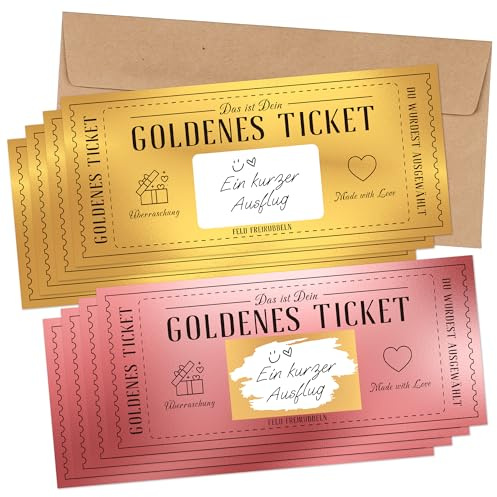 BIROYAL 8 Stück Goldenes Ticket - Gutschein zum selber ausfüllen mit Rubbelaufkleber - Rubbelkarte zum beschriften mit Umschlägen - Geschenke für Freund & Freundin, Personalisierbarer Gutschein