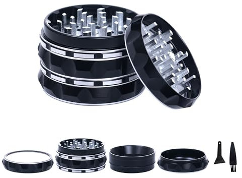 TIRIRS 2.5 4 Pieces Clear Top Herb Grinder - Aluminium Spice Grinder with Pollen Scraper and Cleaning Brush - Black and Silver