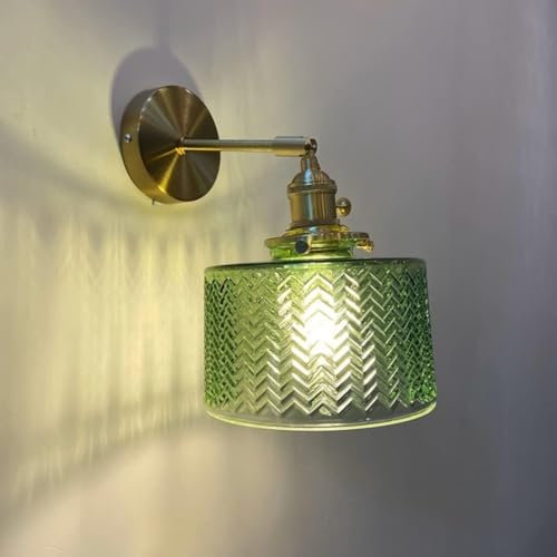 Vintage Wall Sconce - Adjustable Brass Gold Swing Arm Lamp with Green Tulip Glass Shade for Bedroom - Industrial Farmhouse Modern Design