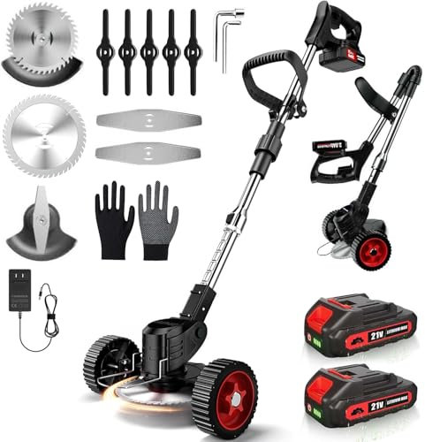 Rasentrimmer,24V Elektrischer Rasentrimmer mit 3 Arten von Schneidklingen,2Pcs 2000mAh Akku,4-in-1 Rasentrimmer Elektrisch für Elektro-Trimmer für Hof, Garten