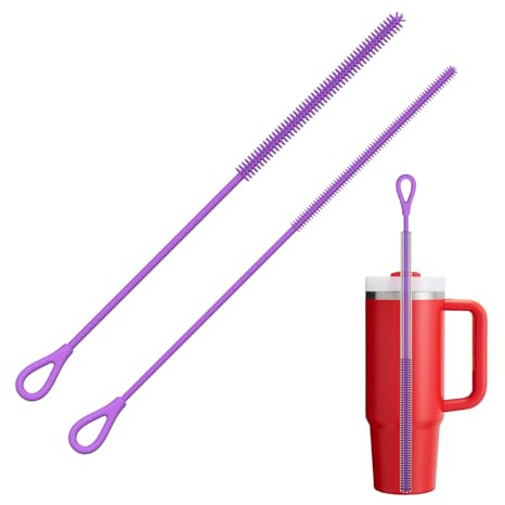 Silikonborste, 2 st återanvändbar sugrörsborste för glas metall smoothies sugrör och muggar, mjukt och hopfällbart halkfritt handtag, 6 mm + 9 mm, lila