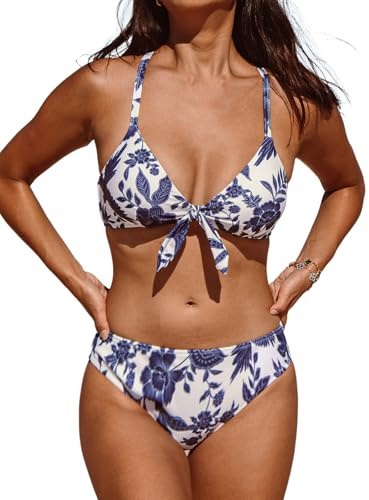 CUPSHE Damen Bikini Set V Ausschnitt Knoten vorne Low Waist Crossback | Hasen-Krawatte, weiche, abnehmbare Körbchen, verstellbare Träger, mittlere Leibhöhe, schmeichelhafter Badeanzug für Urlaub