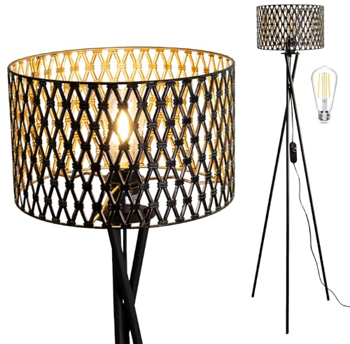 Osasy Modern Tripod Floor Lamp, Decorative Shade Tripod Lamps for Living Room,Corner LED Standing Light, Black Metal Stand (D1 Metal Shade-BlackGold Lattice)