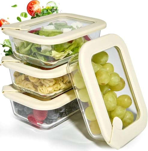 Dalena Home Recipiente de Vidrio Borosilicato Rectangular con Tapa Set 4 x 370 Mililitros – Fiambrera Cristal, Contenedor de Alimentos, Conservación en Nevera, Organizador de Cocina