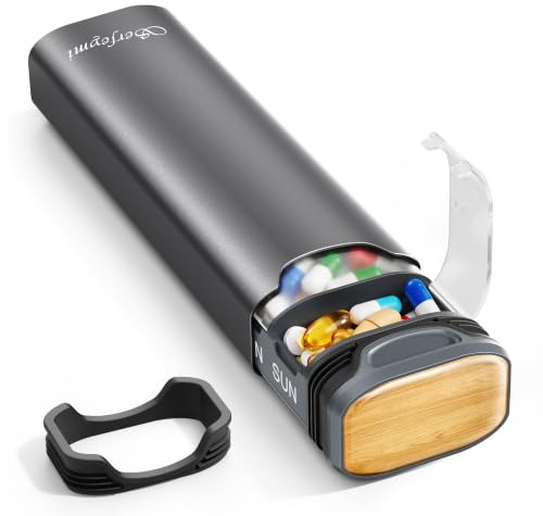 Serfeymi Tablettenbox 7 Tage - Metall Medikamentenbox, Pillendose, Tabletten Organizer(Ersatzdichtung enthalten),Pillenbox,Dispenser Medikamente für Pill, Supplement mit individuellem Deckel-Grau