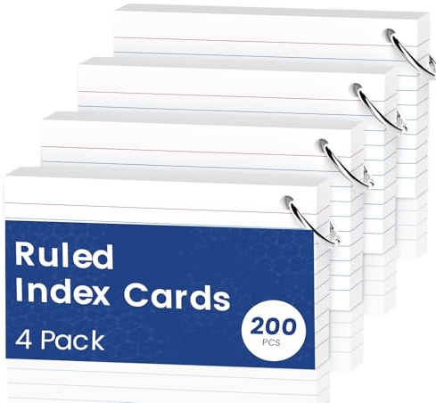 Flash Cards A6（10.2x14CM） Index Cards, 200 PCS Flashcards, Ruled Writing Paper A6, Revision Flash Cards with 4 Metal Binder Ring, Record Recipe Cue Cards White for Taking Notes, Reminders