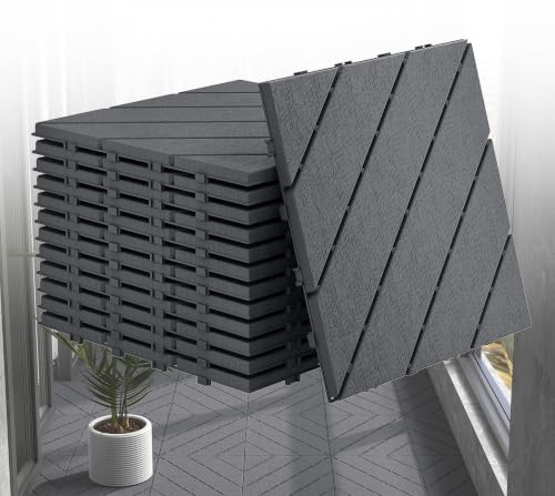 Aufun Fliesen Balkonfliesen 44 Stück, Terrassenfliesen in Holzoptik 30x30cm | Wasserfeste Gartenfliesen Kunststoff mit Klick-System, Bodenbelag für Balkon, Terrasse, Außenbereich, Anthrazit-TyeC , 4m²