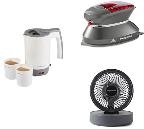 Morphy Richards Travel Kettle, Travel Iron, Grey Air Flex USB Fan Bundle, Compact 0.5L Travel Kettle & Compact Travel Iron, Dual Voltage, 6inch Portable USB Fan in Cool Grey, 107001/304000/820001