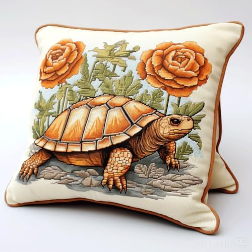 Henypt Kreuzstich Knüpfkissen Zum Selber knüpfen Kissen Set Knüpfpackungen Für Anfänger, Diy-Kissen, latch hook kits,Heimdekoratio 43x43cm(Tierschildkröte und Blumen)